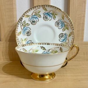 ROYAL GRAFTON Blue Gold Floral Fine Bone China Teacup and Saucer Set